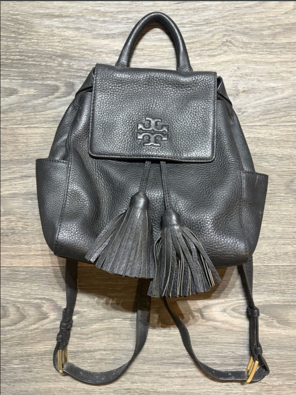 Tory Burch Black Leather Thea Mini Backpack Tassels Pockets Soft Pebbled Logo
